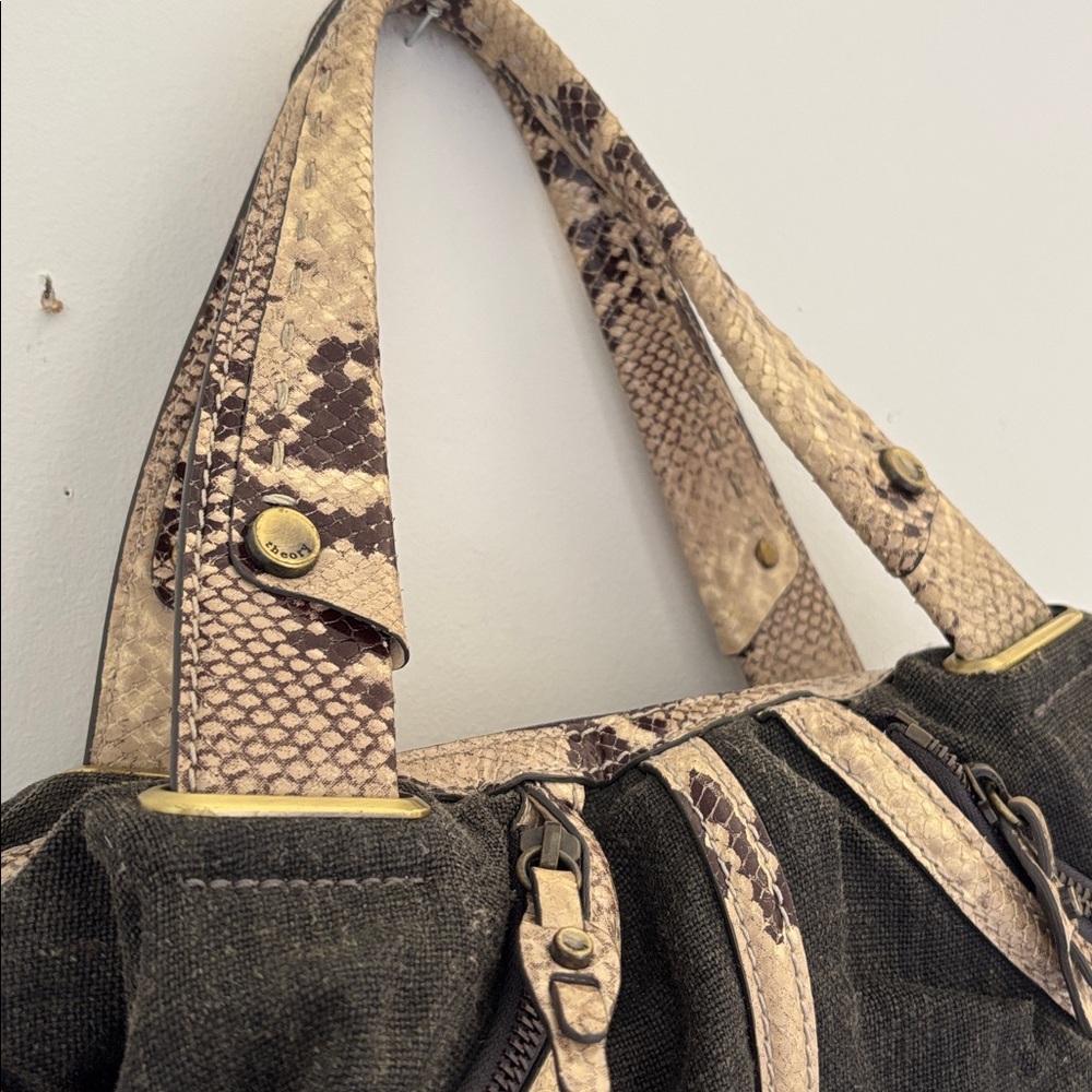 Vintage THEORY denim/canvas genuine snake skin slouchy shoulder bag - Picture 2 of 9